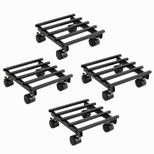 Image of Plant Stand with Wheels - Heavy Duty Metal Rolling Plant Caddy for Pots & Planters, Rust-Proof Iron Trolley with 360 Rotating Wheels, Indoor Outdoor Balcony Garden Use (Black, Pack of 4)
