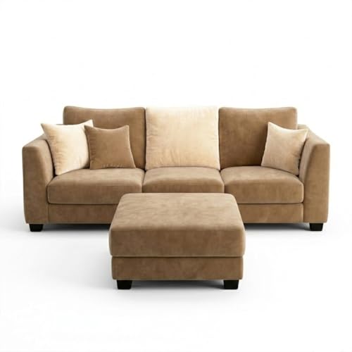 Image of SOCOZI Trevano 4 Seater L Shape Sofa Set with Movable Ottoman | Flexible Left or Right Layout | Soft Velvet Suede Fabric | Modern Design | Plush Comfort Cushions for Living Room (Beige-Cream)