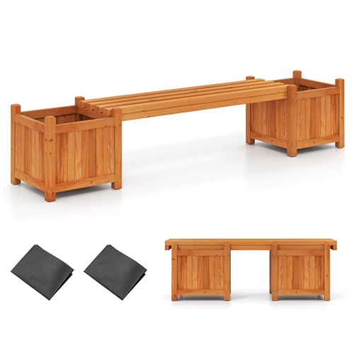 COSTWAY Fioriere da Esterno con Panchina, Letto Rialzato da Giardino in Legno Massello con e Base Aperta, Fioriere Elevate per Patio, Cortile e Veranda (Arancione, 169 x 35 x 35 cm)