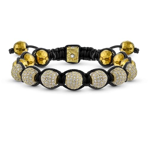 Bling Jewelry Bracelet D'Inspiration Shamballa Boule De Cristal Pavé Ton Or Pour Femmes Pour Hommes Cordon Noir Ajustable
