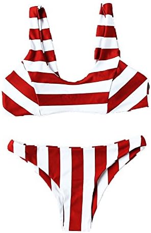 Bikini Swimsuit for Women Two Tone Striped Print Bikini Set Red