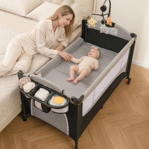 Image of INFANS Pack and Play, 5 in 1 Baby Bedside Sleeper with Bassinet, Diaper Changer, Mattress, Carry Bag, Music Box Hanging Toys, Foldable Bedside Crib, Portable Playard for Newborn Toddlers (Gray)