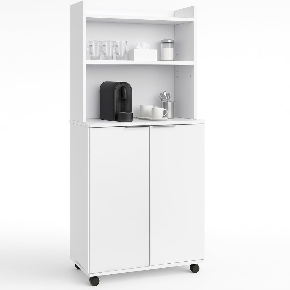 BAKAJI Coffee Station da Ufficio Mobile con 4 Ruote Piroettanti con Freno, Armadio Salvaspazio Stazione del Caffè, Credenza Angolo Bar e Snack Multiuso, Mobiletto con 2 Ante Bianco