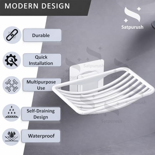 Image of Satpurush Adhesive Soap Holder for Bathroom Wall | Stickable Soap Stand No Drill | Self Adhesive Soap Dish for Tiles | Plastic Soap Case with Drain Tray | Bathroom Organizer. (P4)