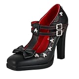Odetina Women's Gothic T-Strap Mary Jane Block High Heel Pumps Closed Toe Buckle Strap Skull Decoration Shoes with Bow(Black, 9)