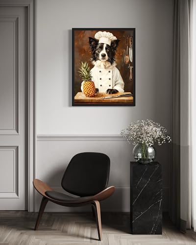 Image of aj decor Border Collie Chef Kitchen Wall Art Print Poster, Dog Pet Lover Picture Painting Artwork Bedroom Living Room Office Dining Room 150D (Border Collie Chef Kitchen, 16 x 20 inches, Black Frame)