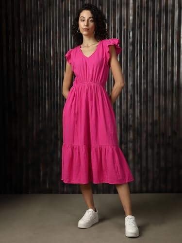 Image of High Star Women Cotton Solid Regular fit V-Neck Sleeveless Dresses
