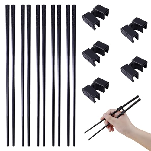 Leikedun 5-Paar Fiberglas Essstäbchen und Essstäbchen Trainer Helfer, Spülmaschinenfest, Rutschfeste, Schwarz, Sushi Chopsticks Aus Legierung(24cm), für Erwachsene und Kinder
