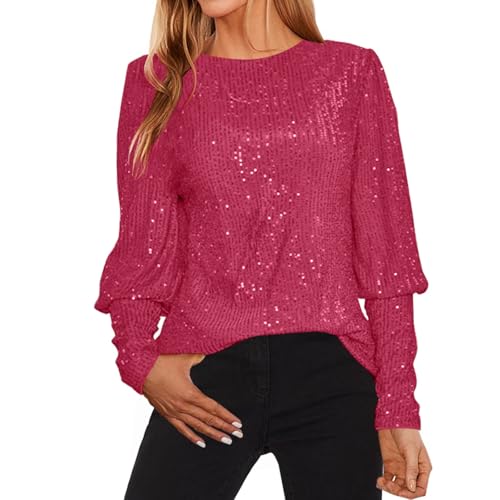 Blusa De Manga Larga Con Lentejuelas Para Mujer, Con Purpurina Brillante, Ajustada, Cuello Redondo, Sexy, Para Fiesta, Y2K, Rosa Encendido