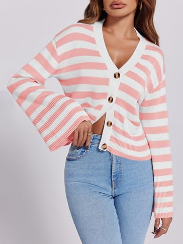 Image of Saodimallsu Womens Striped Cardigan Sweaters Cropped Fall Button Open Front Long Sleeve Knit Sweater Coat with Pockets