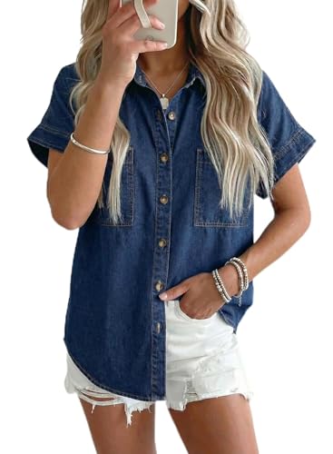 Sidefeel Womens Button Down Denim Shirt Collared Short Sleeve Jean Shirt Blouse with Pockets Dark Blue Large