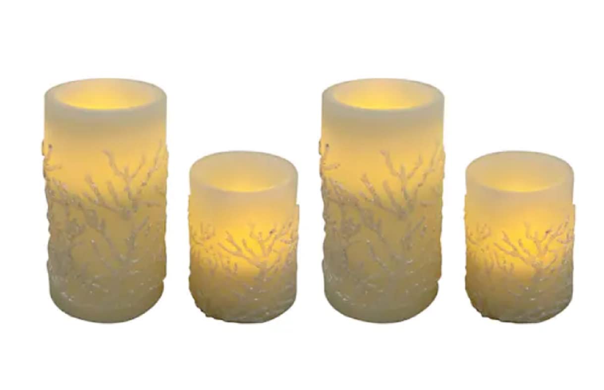 Pam's Glam White Coral Reef Design LED Candles Set of 4 Coastal LED Candles Super Cute Coastal Christmas Decor at The Beach