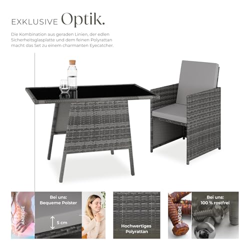 tectake® Poly Rattan Sitzgruppe für 2 Personen, Outdoor Möbel platzsparend zusammenschiebbar, 2 Sessel & 1 Tisch, ideales Balkon Lounge Set, Gartenmöbel, Terrassenmöbel wetterfest - grau 3