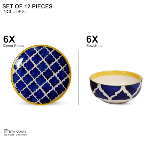 Image of Freakway Premium Moroccan Hand Glazed Dinner Set of 12 Pieces for Dinner with Bowls | 6 Dinner Plates and 6 Serving Bowl /katori | Microwave & Dishwasher Safe - Blue