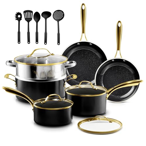 Image of Gotham Steel 15 Pc Ceramic Cookware Set Nonstick, Ceramic Pots and Pans Set Non Stick with Steamer & Cooking Utensils, Non Toxic PFOA PFOS Free, Premium Stay Cool Handles, Oven & Dishwasher Safe