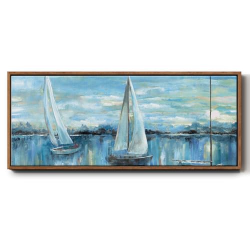 Renditions Gallery Floater Frame Abstract Paintings Sail Boats Evening on the Bay Artwork Prints for Bedroom Kitchen Office - 8"x20" Walnut Frame LT610