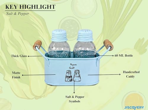 Image of JISCOVERY Salt and Pepper Dispenser Set for Dinning Table with Stand| Glass Bottom Spice Shaker Set with Metal Holder| Spice Sprinklers| 100 ML Each (Blue)