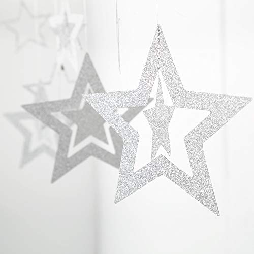 Glitter Silver Star Garlands 3D Star Decorations Hanging Paper Garland Twinkle Star Birthday Party Supplies Anniversary Engagement Wedding Baby Shower Christmas Graduation New Year Ramadan Eid #TOP3