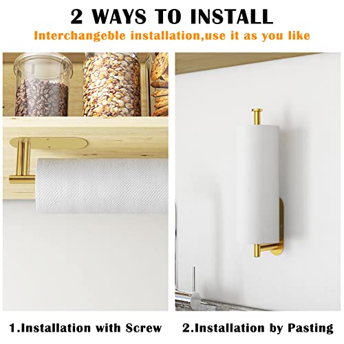 Paper Towel Holder For Kitchen, New Upgrade Double Rod Bearing Self-Adhesive Or Drilling Wall Mounted Paper Towels Rolls Holder Under Cabinet,Gold #TOP5