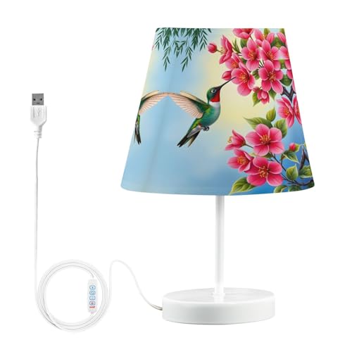 ALAZA Spring Hummingbird Flowers Hibiscus Dimmable Table Lamp for Bedroom Desk lamp Bedside Night Lamp with USB Port,Large Lamps with Fabric Shade for Home Office Restaurant