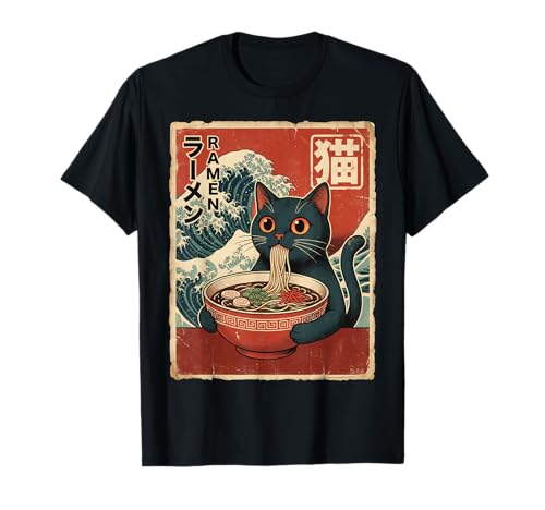 Funny Graphic Vintage Cat Ramen Japanese Ukiyo-e Woodblock T-Shirt