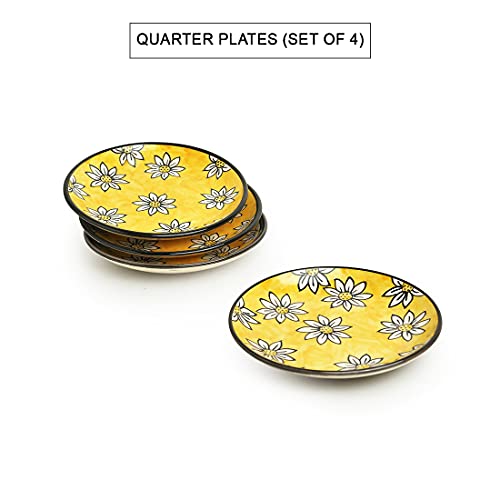Image of ExclusiveLane 'Californian Sunflowers' Handpainted Small Ceramic Plates Set Ceramic Quarter Plates Side Plates for Snacks Plates (Set of 4, 7 Inches, Dishwasher & Microwave Safe)