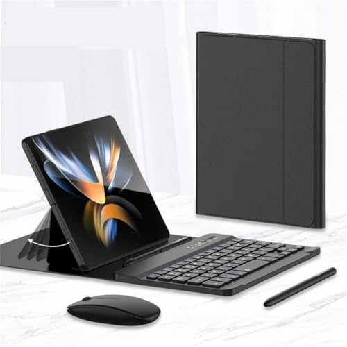 Wireless Keyboard and Mouse Set with Stylus Suitable for Samsung Galaxy Z Fold 4 / Fold 3 Bluetooth Keyboard +Mouse+ Leather Case+ Stylus(Black) (black)