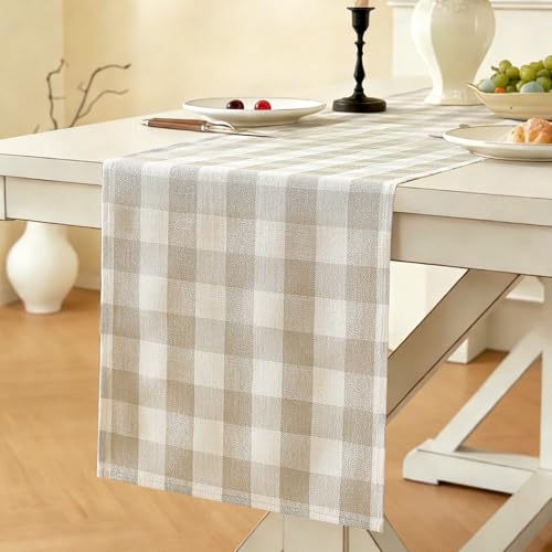 Beige Checkered Farmhouse Table Runner