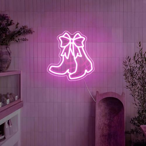 Image of Neon Sign, JGHTURIE Bow Boots Neon Signs for Wall Decor Pink Light Up Sign Preppy Girls Room Led Signs for Bar Party Shop Gift Decoration USB Powered