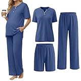 JoyMotion 3 Piece Maternity Lounge Set Postpartum Pajamas Outfits Pregnancy Clothes Short Sleeve T-Shirt Shorts Pants Pockets(Haze Blue,Medium)