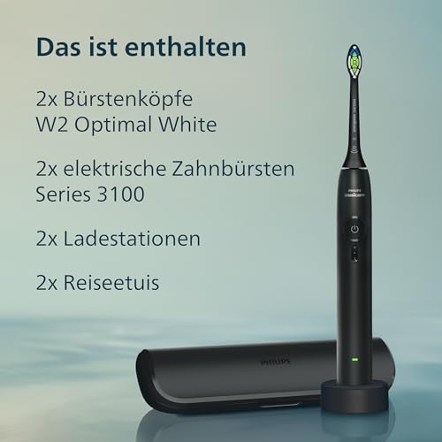 Philips Sonicare Series 3100 Elektrische Zahnbürste – Schallzahnbürste, Drucksensor, 3 Intensitäten, EasyStart, SmarTimer, 14 Tage Laufzeit, Reiseetui, Schwarz & Rosa, 2er, HX4072/42, [Neu]