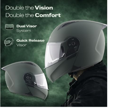 Image of Vega VM-02 Spike Flip-Up Motorcycle Helmet with ISI Certification | High-Impact ABS Shell, Dual Visor, UV & Scratch Resistant: Dull Battle Green , XL