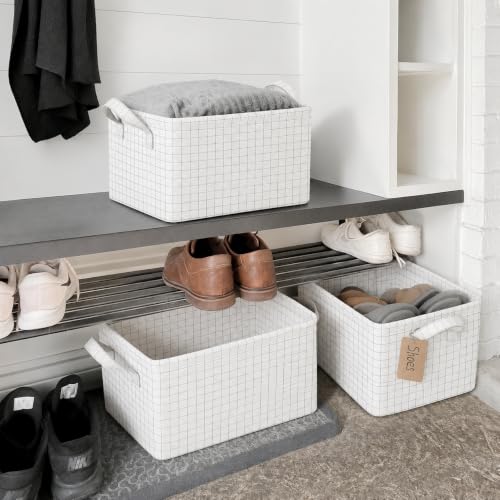 Image of HomeCloud Foldable Cloth Basket for Storage with Metal Frame and Handles, Clothes Organizer for Wardrobe, Clothing Storage Solutions (Off White, Set of 4)