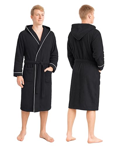 LAYNENBURG Bademantel Herren Frottee - Kapuze - Lang - 100% Baumwolle (360g/m2) - OEKO TEX Standard 100 - Größe (XXXL, Schwarz)