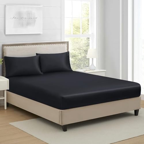 Drap Housse 140x190cm Satin Noir Bonnet 30 cm Microfibre Motif Drap de lit Soie Drap-Housse 140 x 190cm Uni Lisse Respirant pour Matelas Épais