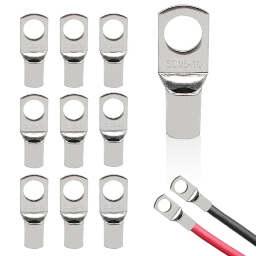 10 Pcs M10 Ring Terminals Cable Lugs Battery Crimp Terminals Connectors SC25-10 Copper Tube Battery Cable Ends Lugs Battery Terminals Connectors Tinned Copper Crimp Lugs