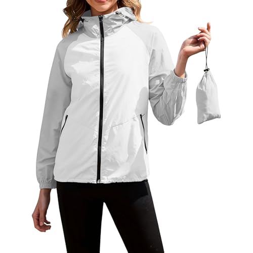 Waterproof Jackets Women Splicing Long Sleeve Rain Jacket Softshell Windbreaker Zip Up Top with 2 Pockets Hiking Outdoor Relaxed Fit Coats Packable