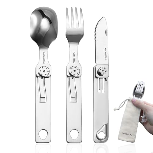 ROXON 3-in-1 Knife Spoons Fork With Case- Magnetic Folding Stainless Steel Camping Utensils Set - EDC Portable Lightweight Cutlery for Hiking Backpacking Travel Lunchbox Outdoor Silverware Essentials