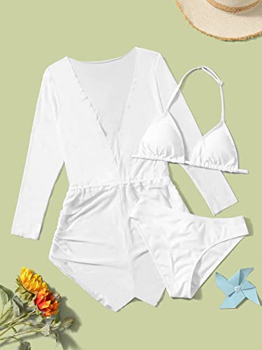 Milumia Girl's 3 Piece Swimsuits Solid Halter Top Bikini Sets with Long Sleeve Coverup Romper2