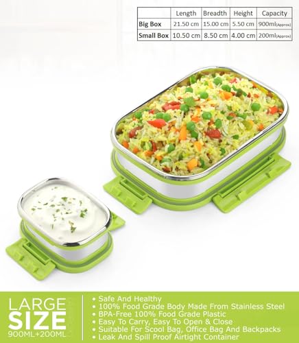 Image of Premium Stainless Steel Lunch Box Set with Clip-Lock Airtight Lid - Leak-Proof, BPA-Free Food Grade Container for Office, School, Picnic, Travelling for Kids & Adult, Men & Women Color (Green)
