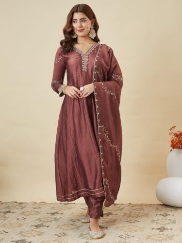 Image of MOKOSH Women's Silk Embroidery Anarkali Kurta Pant with Dupatta | Anarkali Kurta Set |Ethnic Kurta Set for Women |Floral Kurta 7 Colour Options Available |3 Piece Outfit
