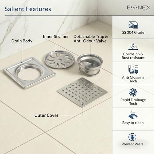 Image of EVANEX Square Bathroom Drainer | Shower Drainer Channel | 5x5 Inches Floor Drain | 304 Stainless Steel Waste Water Floor Drain with Cockroach Trap | Bathroom Jali | Bathroom Accessories Set
