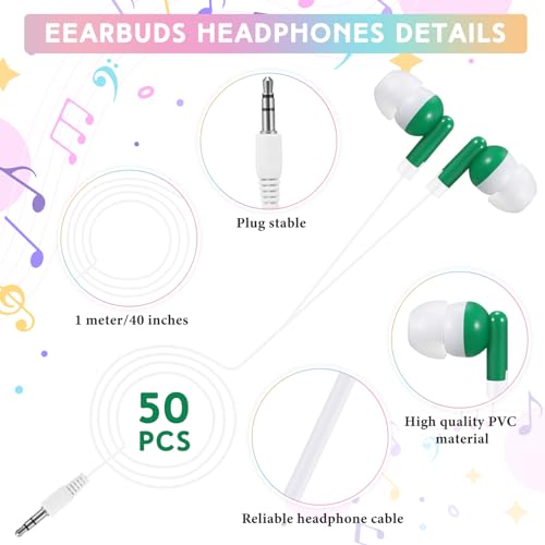 Image of 50 Pack Earbuds Wired Bulk for Classroom 3.5mm Jack, Green