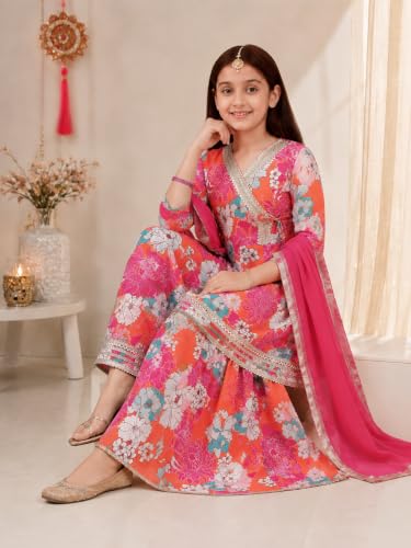 Image of Preneum Girls's Ethnic Cotton Bandhani & Lehariya Printed 3 /4 Sleeves Gotta Patti Angrakha Kurta with Sharara Set
