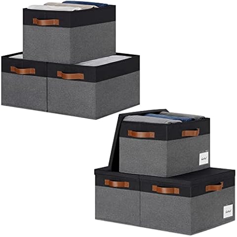 PFFVRP Storage Basket, Fabric Storage Bins with Dual PU Handles, Foldable Storage Baskets for shelves, Storage Boxes for Home, Toys, Clothes,Closet(Black-Grey) Cover