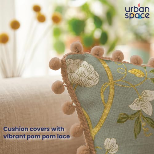 Image of Urban Space Cotton Cushion Cover Set of 5, 16 x 16 Inches, Decorative Throw Pillow Covers with Pom Pom, Printed Sofa Cushion Covers for Living Room, Home Decor (CC5, 40Cm x 40Cm, Set of 5)