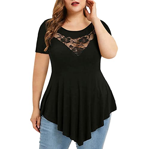 Black Casual Tees For Girls Short Sleeve Boat Neck Lace Oversized Plain Patchwork High Low Top Tee Womens 2023 59 Xxl #TOP1