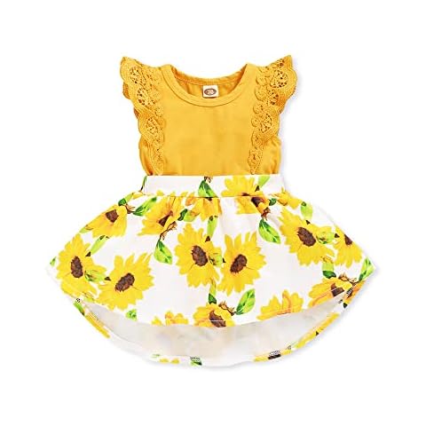 OLLUISNEO Baby Clothes Girl Dress Short Sleeve Dress Ruffle Romper Skirt Floral Yellow Dresses Summer Baby Girl Clothing 6-12 Months Cover