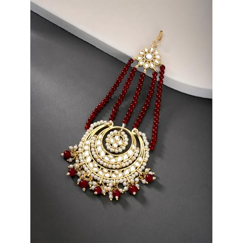 Image of Peora Gold-Plated Kundan Pearl Studded & Beaded Passa /Matha Patti Jewellery for Women & Girls