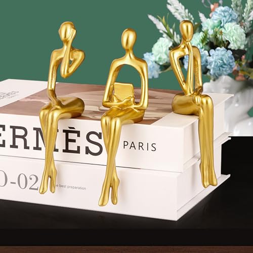 QEKMSY Gold Home Decor Thinker Statues, 3Pcs Bookshelf Sculpture Decorations for Living Room, Modern Figurines Shelf Table Desk Decor (Gold)